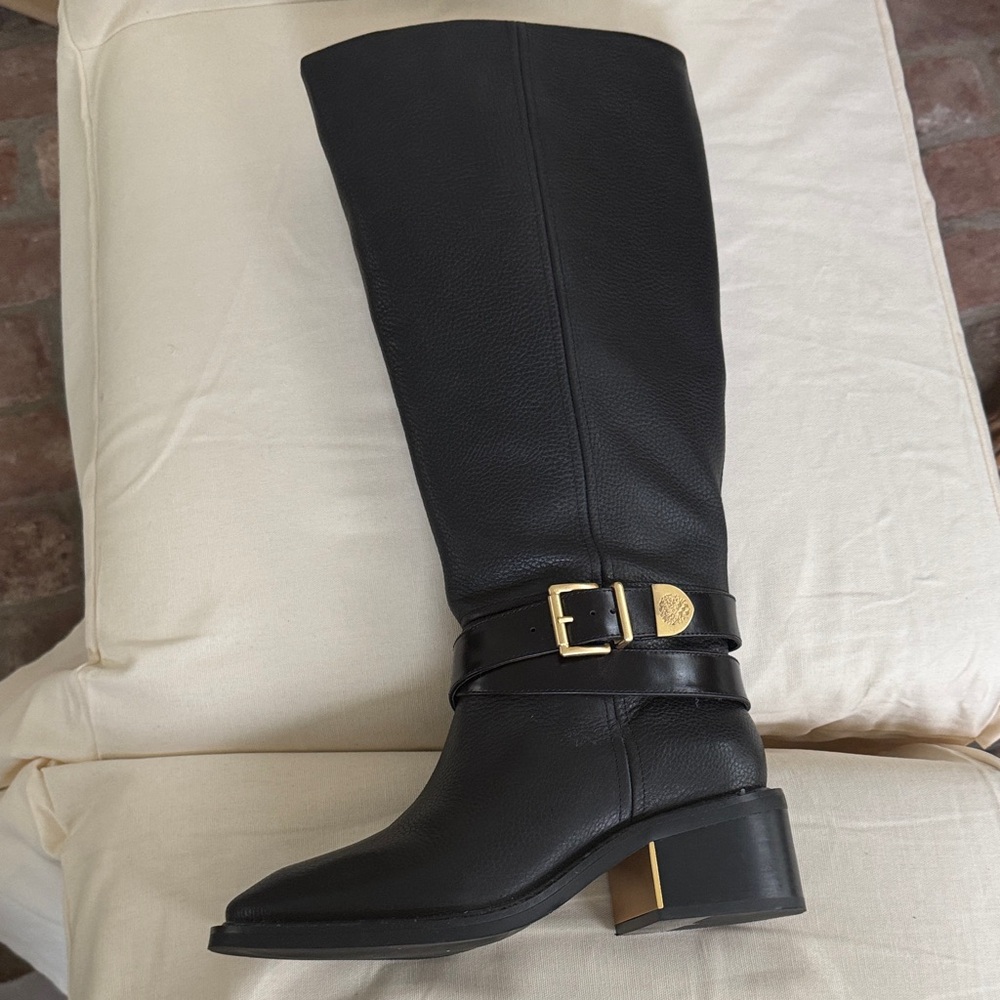 Vince Camuto Black Leather extra wide calf  Riding Boots with Gold Buckle.